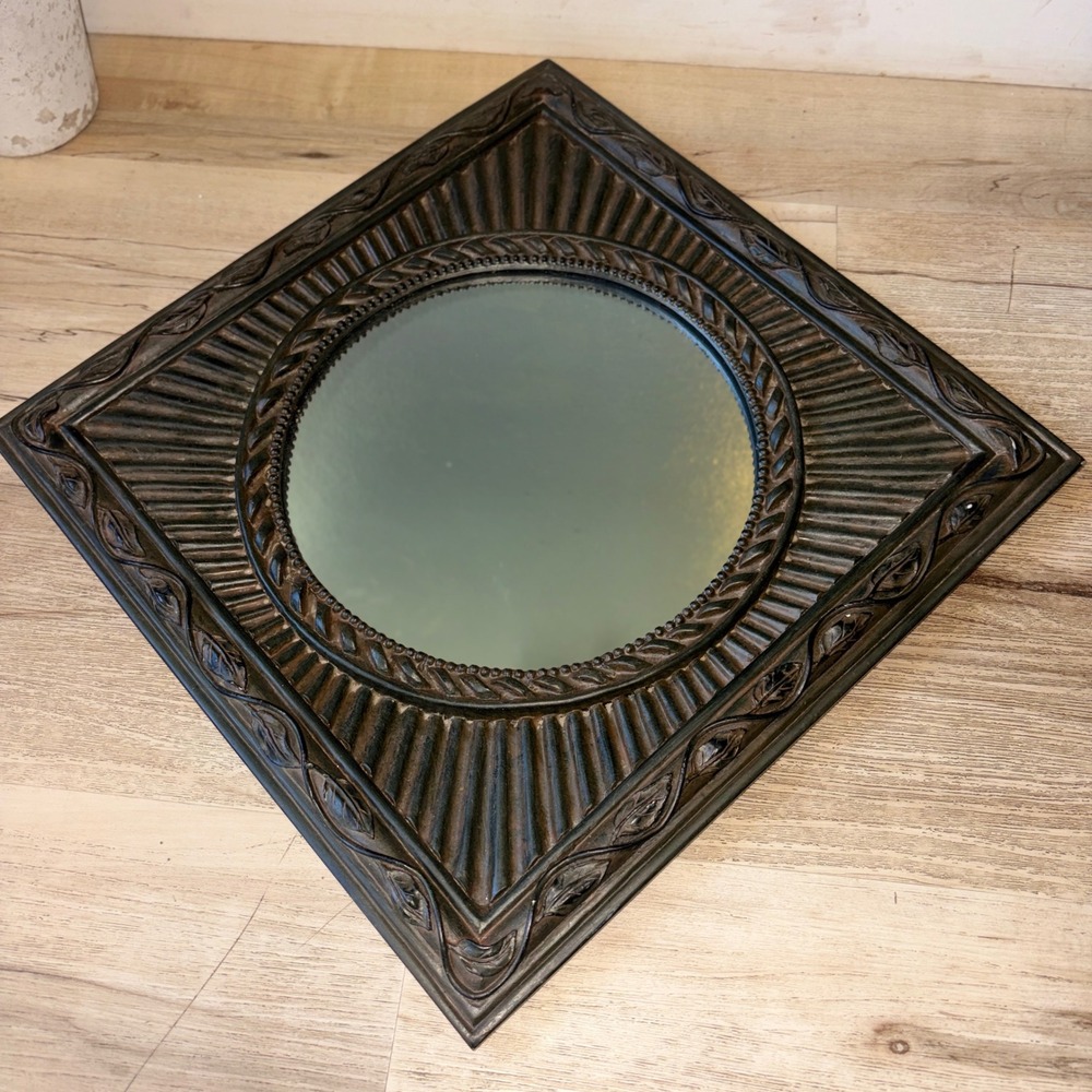 Square Dark Wood Sunburst Wall Mirror Ornate Leaf Vine Frame 14x14 Round Center - Picture 10 of 12